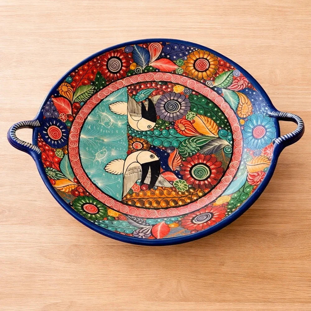 Vintage Tonala Pajaros Folk Art Pottery Terracotta Hand Painted Bowl 13 Inches